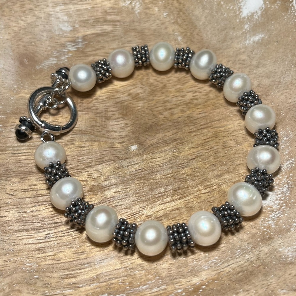 Genuine White Pearl 925 Sterling Silver Beaded Toggle Bracelet